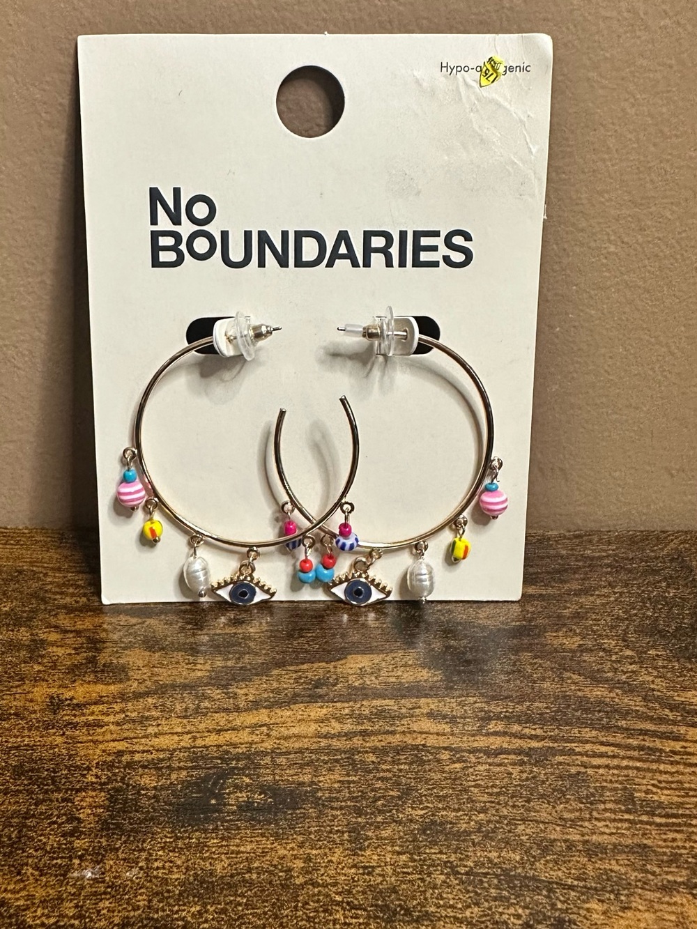 No Boundaries Gold Hoop Earrings with Multicolor Beads and Blue Evil Eye Charm